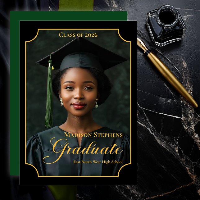 Elegant Class of 2026 Portrait Graduation Ankündigung (Luxury Black & Gold Portrait Graduation Announcement with Ornate Frame and Script Typography -Green)