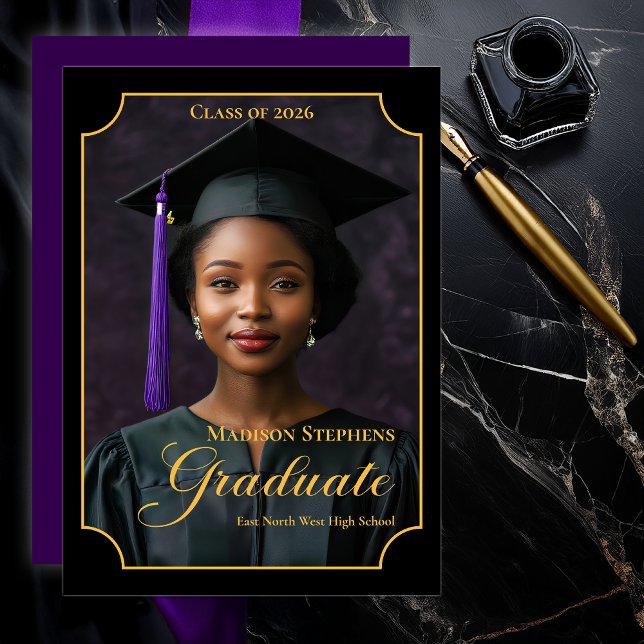 Elegant Class of 2026 Portrait Graduation Ankündigung (Luxury Black & Gold Portrait Graduation Announcement with Ornate Frame and Script Typography -Purple)
