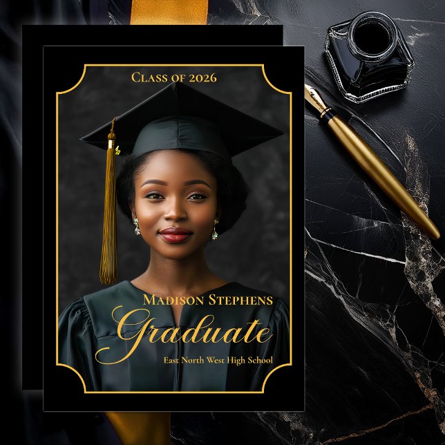 Elegant Class of 2026 Portrait Graduation Ankündigung (Luxury Black & Gold Portrait Graduation Announcement with Ornate Frame and Script Typography - Black)