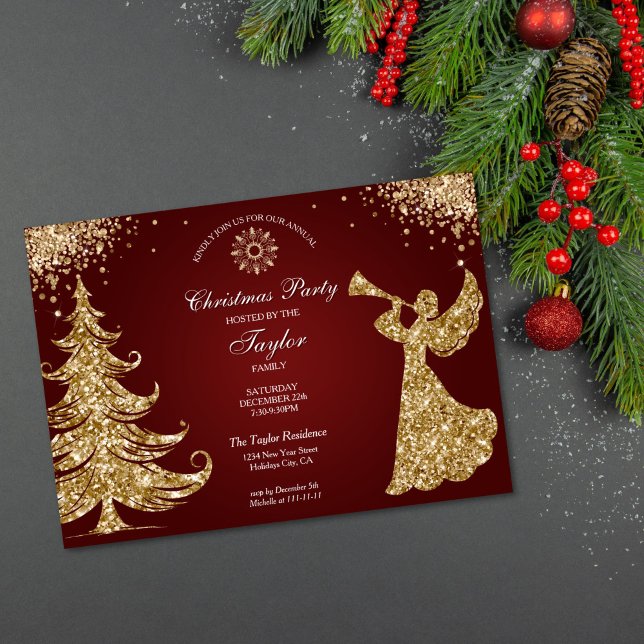 Elegant Classic Angel Christmas Dinner Party Einladung (gold glitter trumpet angel Christmas party invitation with red background)