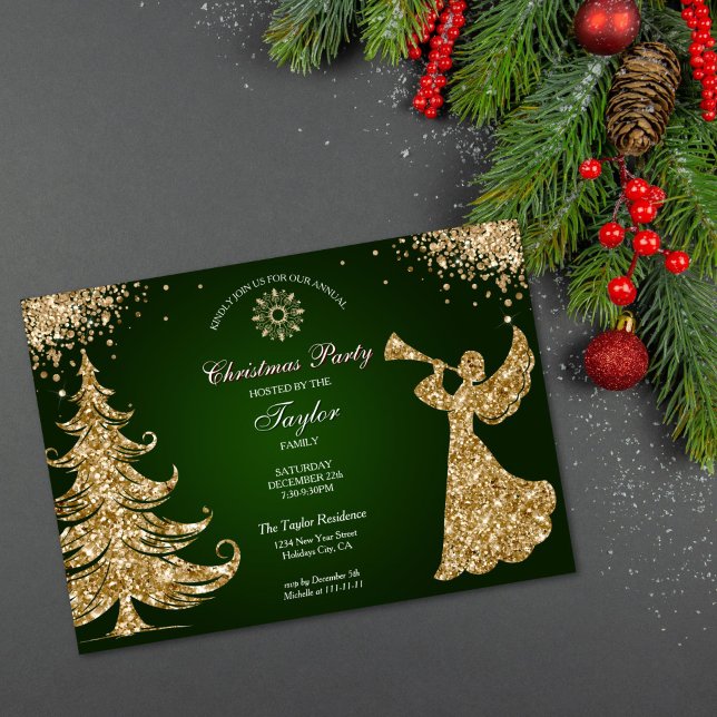 Elegant Classic Angel Christmas Dinner Party Einladung (gold glitter trumpet angel Christmas party invitation with green background)