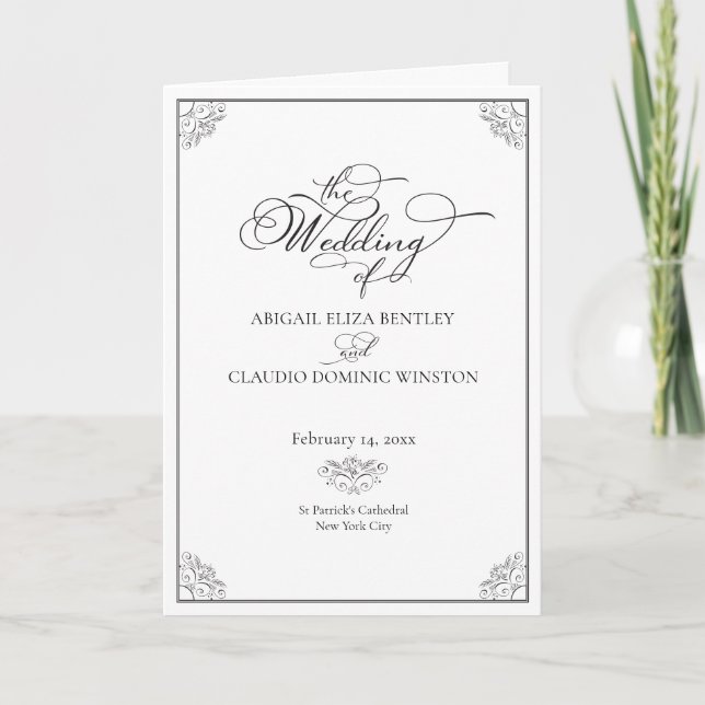 Elegant Classic Black & White Calligraphy Wedding Programm (Vorderseite)