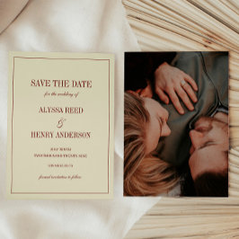 Elegant Classic Ivory & Red Script Wedding Photo Save The Date