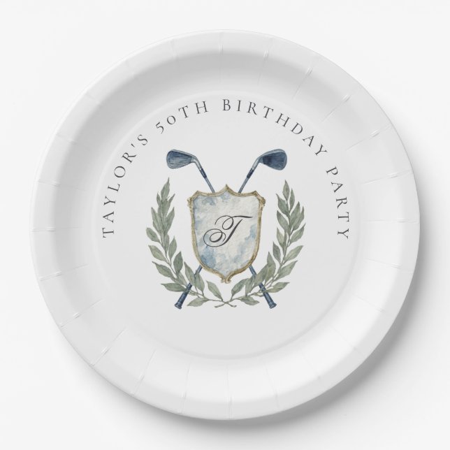 Elegant Classic Monogram Golf Crest Birthday Party Pappteller (Vorderseite)