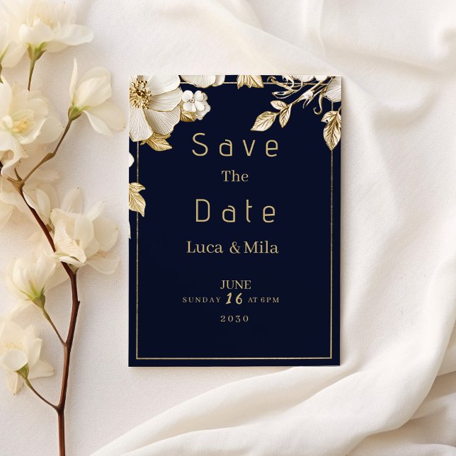 Elegant classic navy blue gold flora Save the Date Einladung (Elegant classic navy blue gold flora Save the Date )