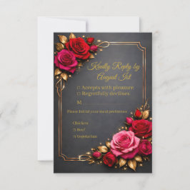 Elegant Classic Red Pink Roses Golden Kindly Reply RSVP Karte