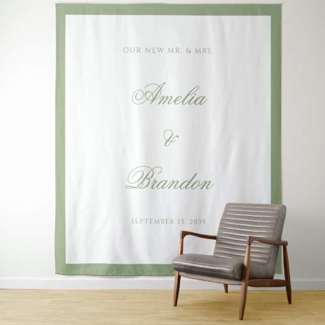 Elegant Classic Sage Green Border Wedding Backdrop Wandteppich (Beispiel)