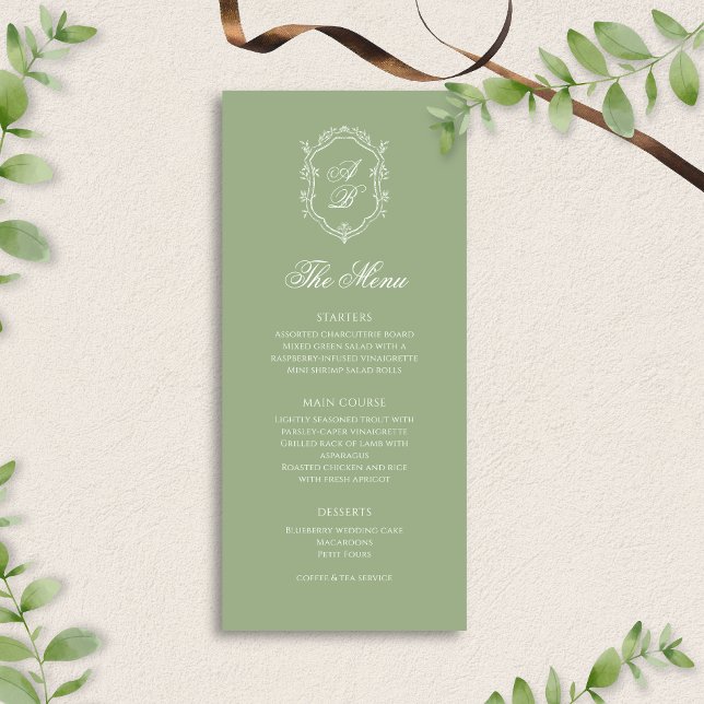 Elegant Classic Sage Green Monogram Crest Wedding Menükarte (Von Creator hochgeladen)