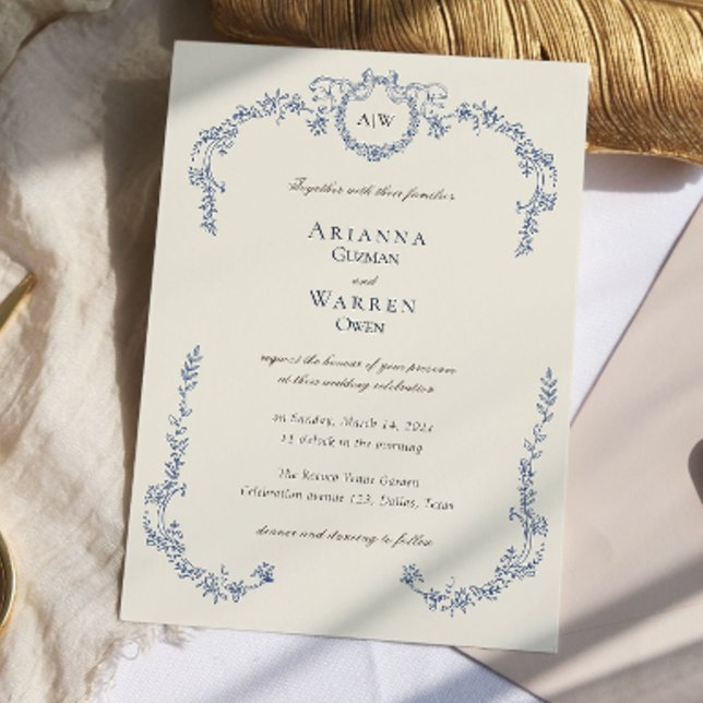 Elegant Classic Vintage Blue Monogram Wedding  Einladung (Elegant Classic Vintage Blue Monogram Wedding Invitation)