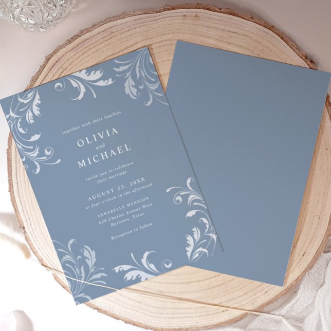 Elegant Classic Vintage Dusty Blue Wedding Einladung (Elegant dusty blue vintage wedding invitation with formal typography and classic swirl design)