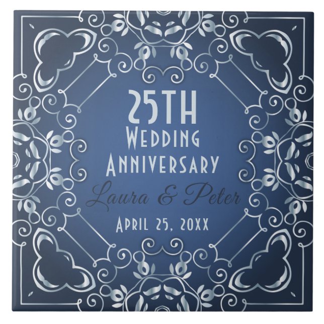 Elegant Classy Blue und Silver Wedding Jubiläum Fliese (Vorderseite)