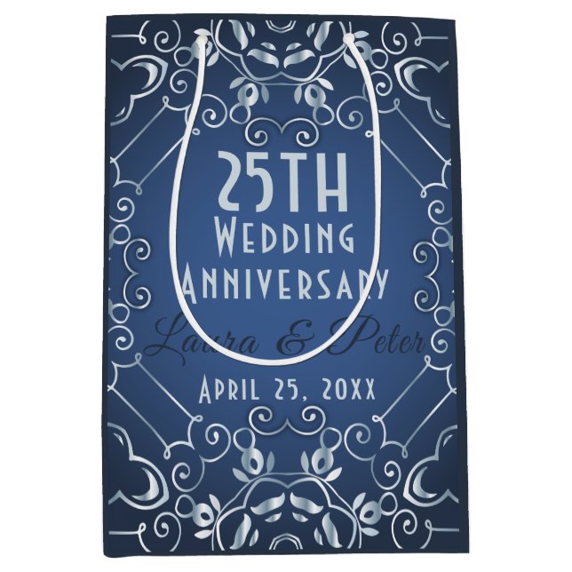 Elegant Classy Blue und Silver Wedding Jubiläum Mittlere Geschenktüte (Vorderseite)