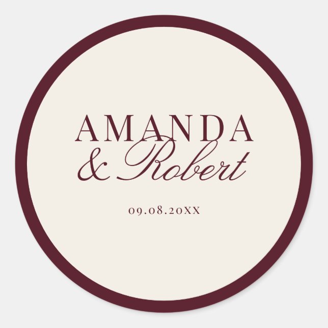 Elegant Classy Burgundy Wedding Runder Aufkleber (Vorderseite)
