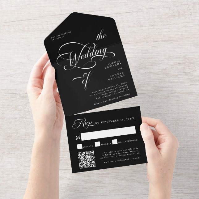 Elegant Classy Calligraphy Wedding Black All In One Einladung (Abreißen)