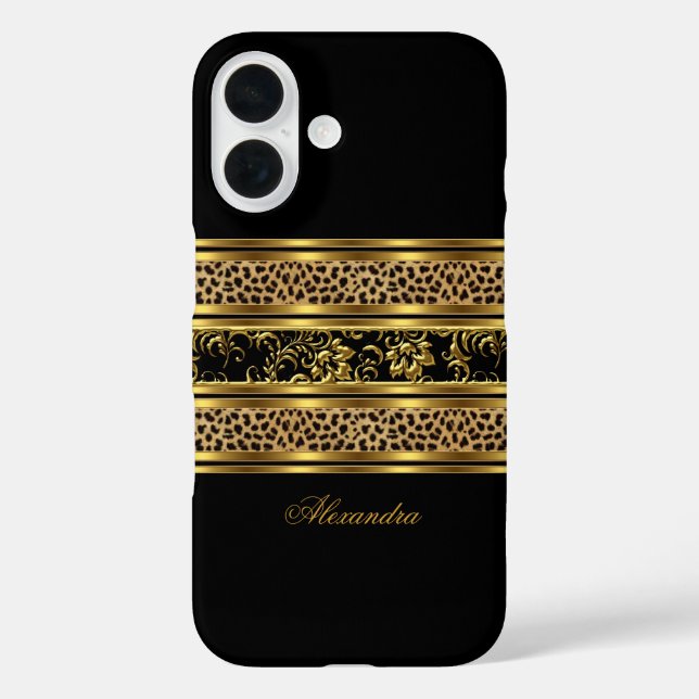 Elegant Classy Gold Black Leopard Floral iPhone 16 Hülle (Rückseite)