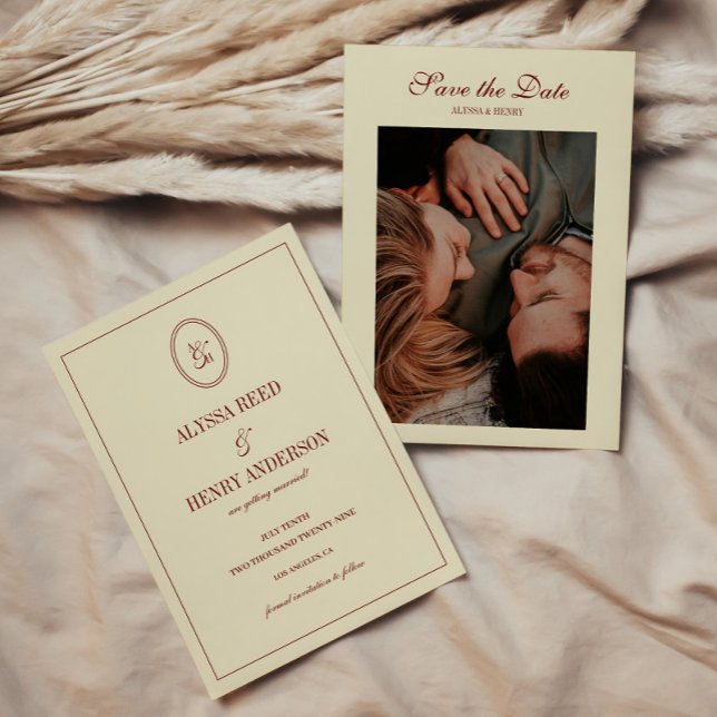 Elegant Classy Ivory Monogram Script Wedding Photo Save The Date (Von Creator hochgeladen)