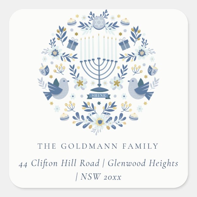 Elegant Classy Navy Blue Hanukkah Floral Address Quadratischer Aufkleber (Vorderseite)