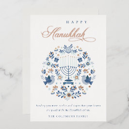 Elegant Classy Navy Blue Happy Hanukkah Floral Folien Feiertagskarte