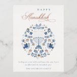 Elegant Classy Navy Blue Happy Hanukkah Floral Folien Feiertagspostkarte<br><div class="desc">Wenn Sie weitere Anpassungen benötigen,  schreiben Sie mir bitte an yellowfebstudio@gmail.com.</div>