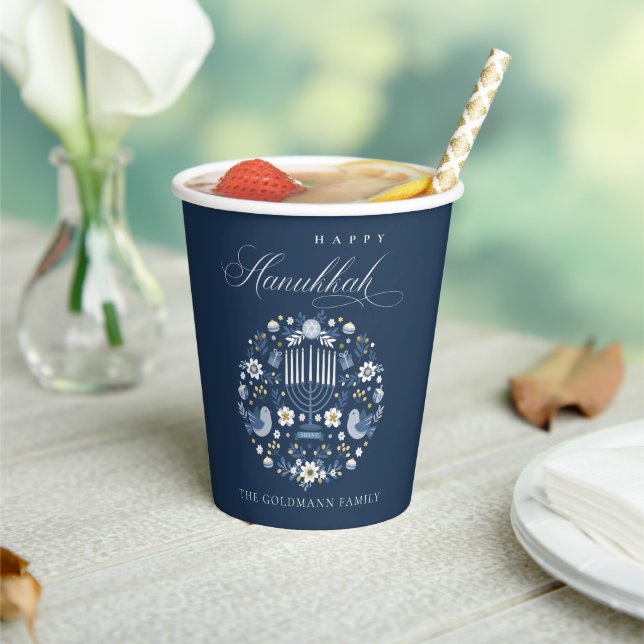 Elegant Classy Navy Blue Happy Hanukkah Floral Pappbecher (In Situ)