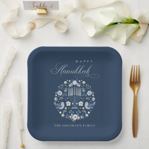 Elegant Classy Navy Blue Happy Hanukkah Floral Pappteller
