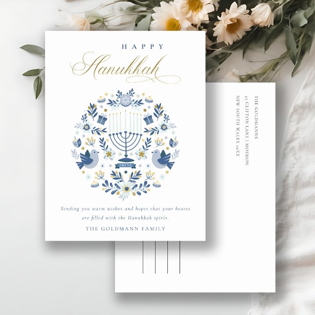 Elegant Classy Navy Blue Happy Hanukkah Floral Postkarte (Von Creator hochgeladen)