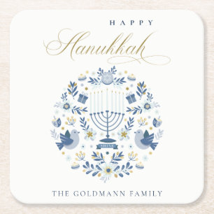Elegant Classy Navy Blue Happy Hanukkah Floral Rechteckiger Pappuntersetzer