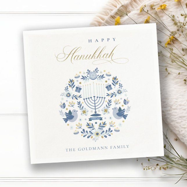 Elegant Classy Navy Blue Happy Hanukkah Floral Serviette (Von Creator hochgeladen)