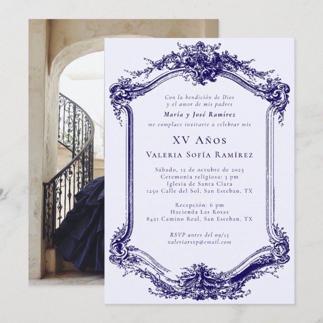 Elegant Classy Navy Blue Quinceañera 15. Geburtsta Einladung (Vorne/Hinten)