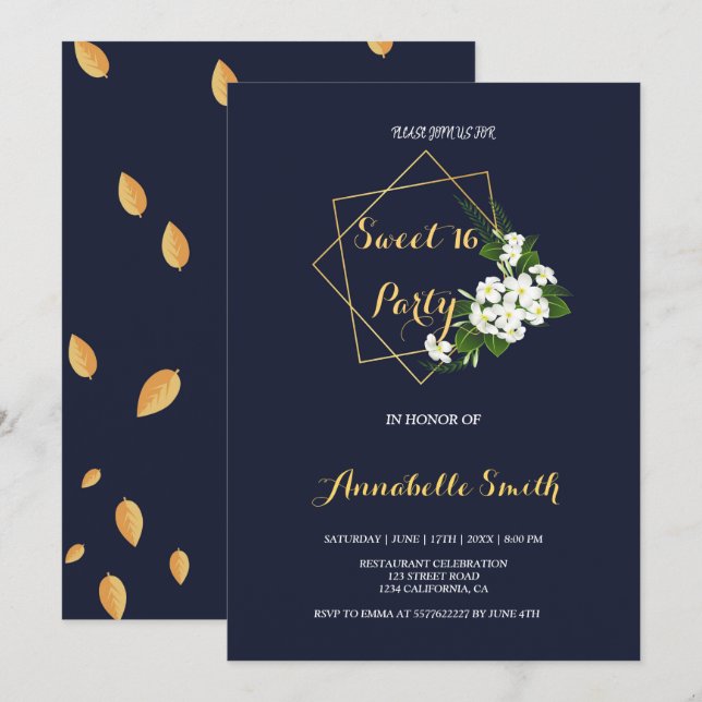 Elegant Classy Navy Geometric Sweet 16 Einladung (Vorne/Hinten)