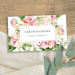Elegant Clean Pink Green Watercolor Peony Floral Visitenkarte
