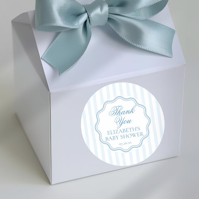 Elegant Coastal Blue Stripe Wavy Script Thank You Runder Aufkleber (Von Creator hochgeladen)