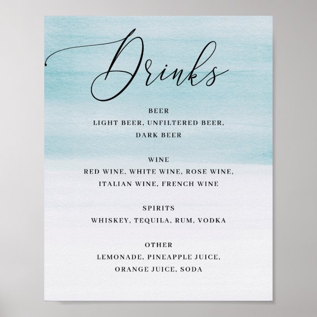 Elegant Coastal Wedding | Blue Watercolor Drinks Poster (Vorne)