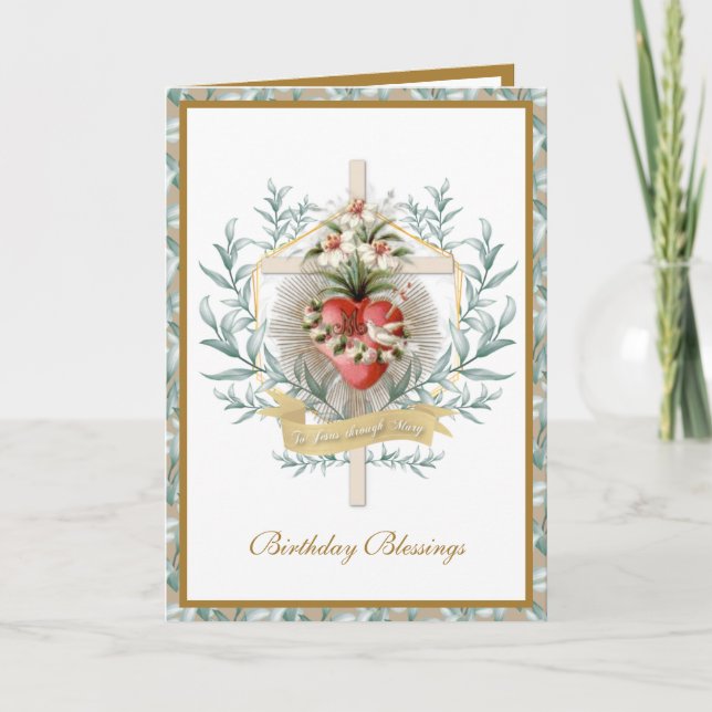 Elégant Coeur de la Vierge Marie Croix carte flora (Devant)
