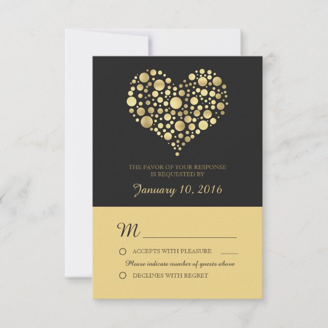 Elégant Coeur Or Dusty Noir Mariage RSVP (Devant)