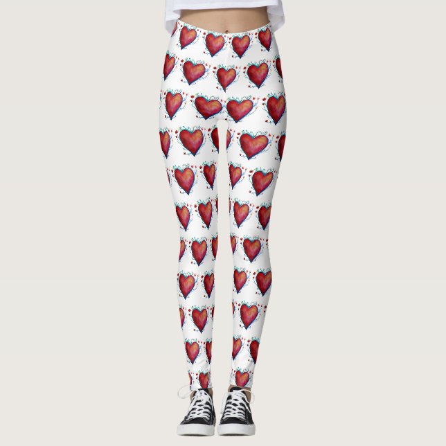 Elégant coeur rouge aquarelle Leggings personnalis (Devant)
