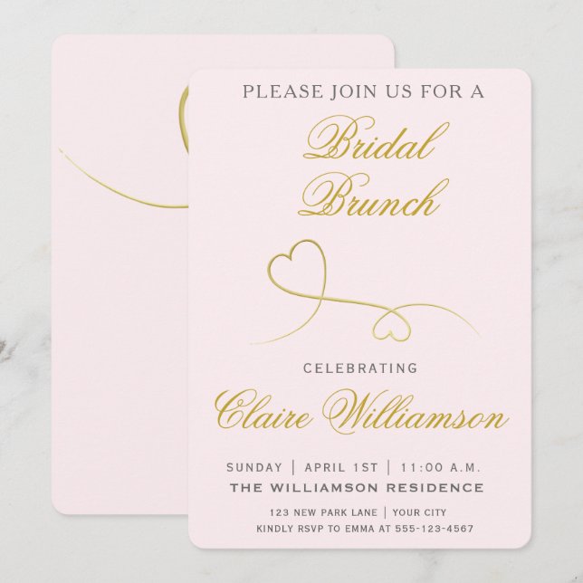 Elégant Coeurs d'or Pink Bridal Brunch Invitation (Devant / Derrière)