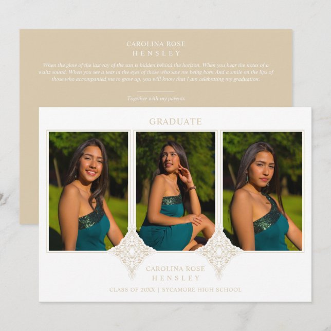 Elegant Collage Lace Romantic 3 Photos Graduation Einladung (Vorne/Hinten)