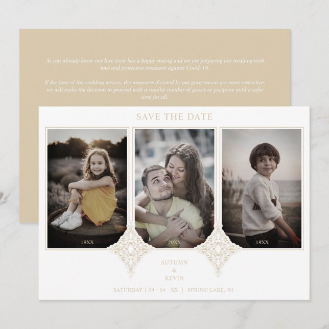Elegant Collage Lace Then & Now 3 Photos Wedding Save The Date (Vorne/Hinten)