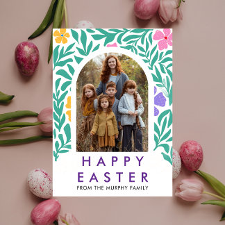 Elegant Colorful Arch Floral Easter Family Photo Feiertagskarte