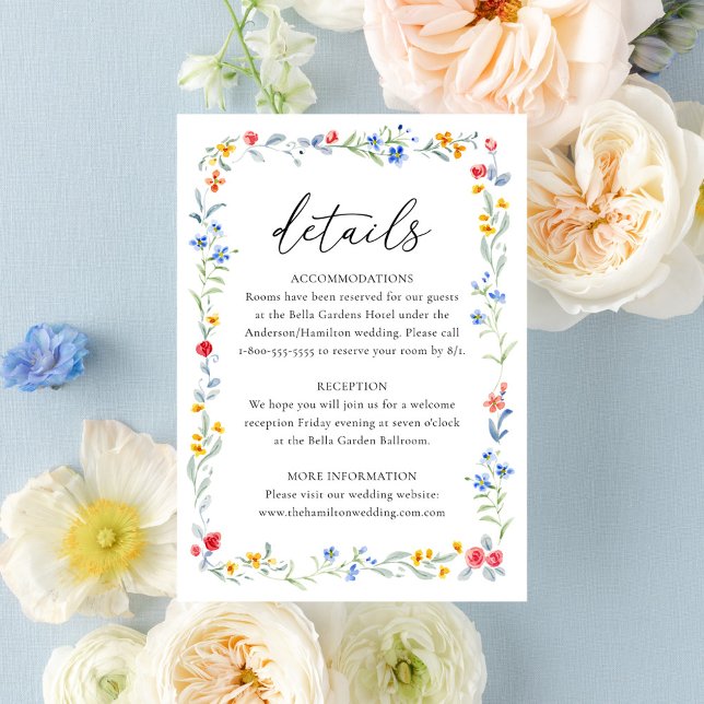 Elegant Colorful Wildflower Meadow Wedding Details Begleitkarte (Von Creator hochgeladen)