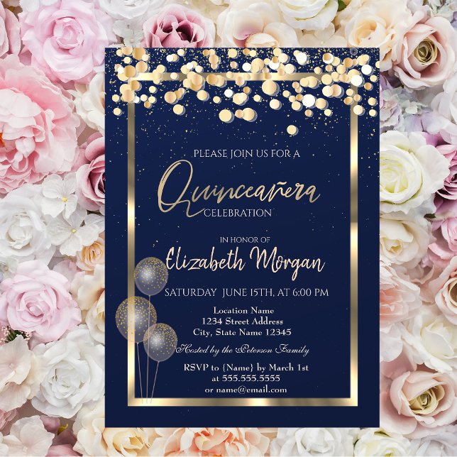 Elegant Confetti Balloons Navy Blue Quinceañera Einladung (Von Creator hochgeladen)
