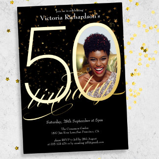 Elegant Confetti Black Gold Foto 50. Geburtstag Folieneinladung