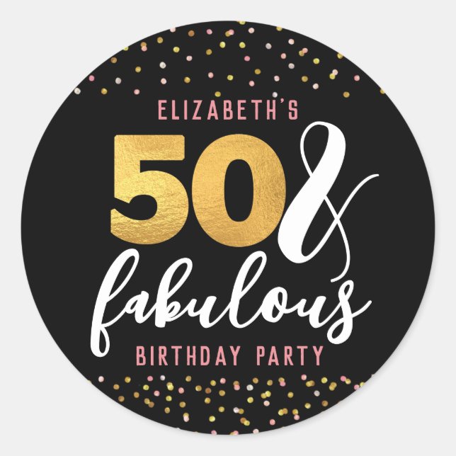 Elegant Confetti Gold Black 50 & Fabulous Geburtst Runder Aufkleber (Vorderseite)