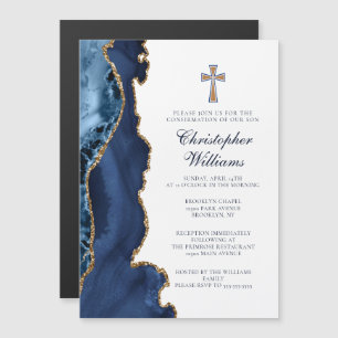 Elegant Confirmation Navy Blue Gold Agate Magneteinladung