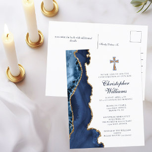 Elegant Confirmation Navy Blue Gold Einladung Postkarte