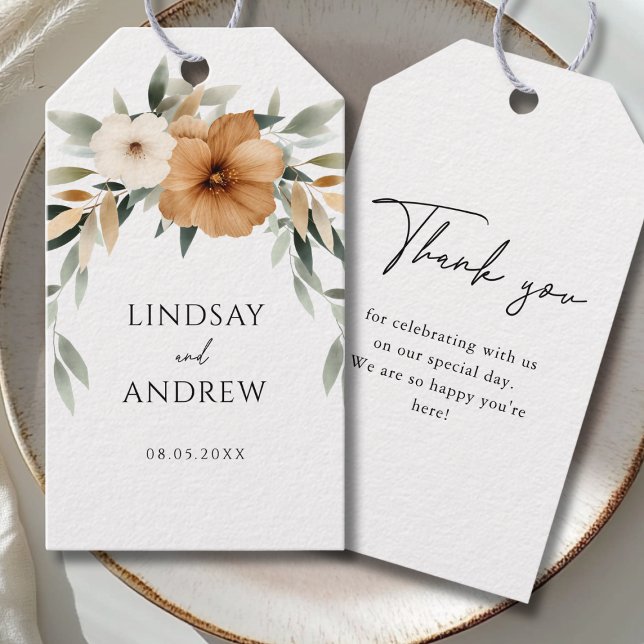 Elegant Copper & Earthy Botanical Wedding Geschenkanhänger (Elegant Copper & Earthy Botanical Wedding Thank you Gift Tags with your Names, Date & Text.)