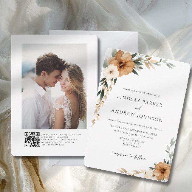 Elegant Copper & Earthy Botanical Wedding Photo Einladung (Elegant Copper & Earthy Photo QR Code Botanical Wedding Invitation)