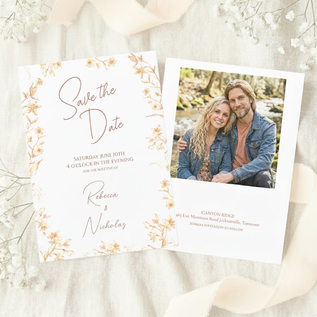 Elegant Copper Glow Wildflowers Script Photo Save The Date (Von Creator hochgeladen)