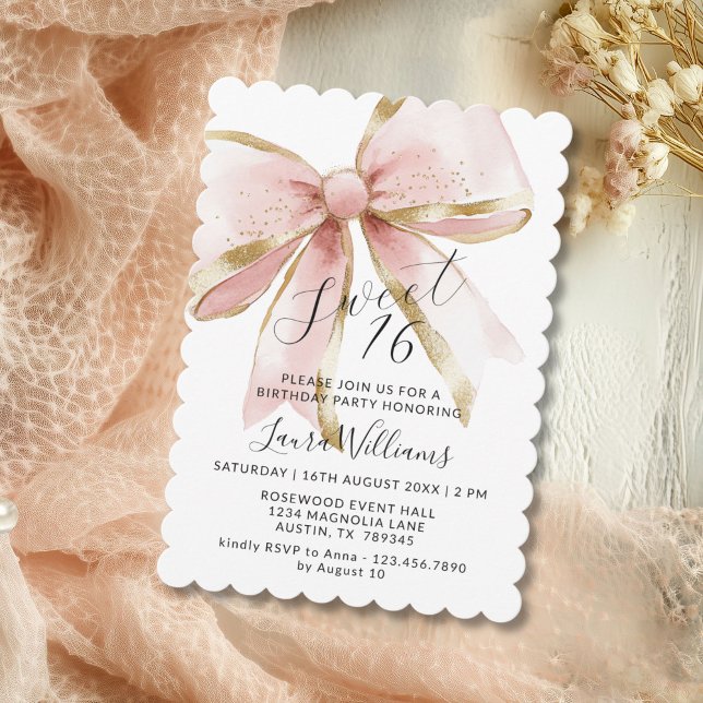 Elegant Coquette Pink & Gold Bow Sweet 16 Einladung (Elegant Coquette Pink and Gold Bow Sweet 16th Invitation)